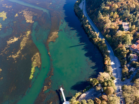 Aerial Autumn view of Pancharevo lake, Sofia city Region, Bulgariaの写真素材