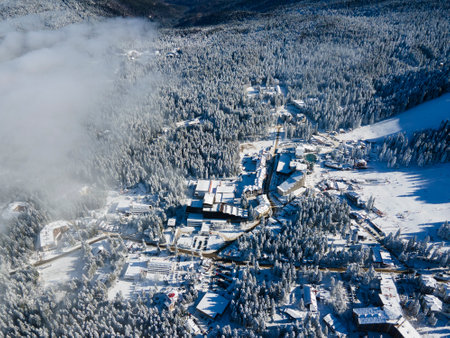 Aerial winter view of Rila Mountain near ski resort of Borovets, Sofia Region, Bulgariaの写真素材