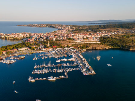 Aerial sunset view of old town and port of Sozopol, Burgas Region, Bulgariaの写真素材