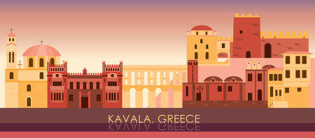Sunset Skyline panorama of city of Kavala, Greece - vector illustrationのイラスト素材