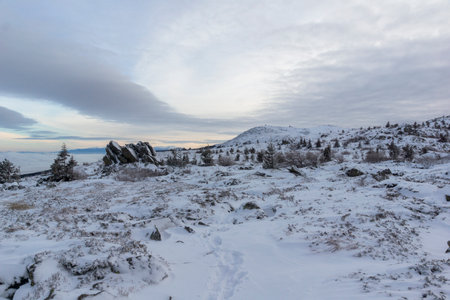 Amazing Sunset winter view of Vitosha Mountain near Kamen Del Peak, Bulgariaの写真素材