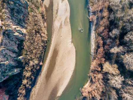 Amazing Aerial view of Struma river passing through the Petrich valley, Bulgaria