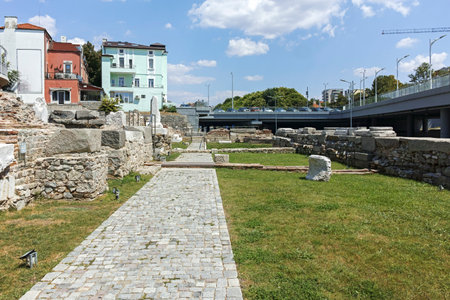 PLOVDIV, BULGARIA - AUGUST 2, 2022: Typical Street and houses at the center of city of Plovdiv, Bulgariaのeditorial素材