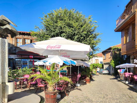 SOZOPOL, BULGARIA - SEPTEMBER 1, 2020: Typical street and houses at old town of Sozopol, Burgas...
