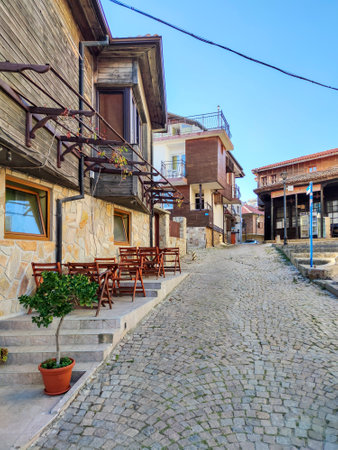 SOZOPOL, BULGARIA - SEPTEMBER 1, 2020: Typical street and houses at old town of Sozopol, Burgas Region, Bulgariaのeditorial素材