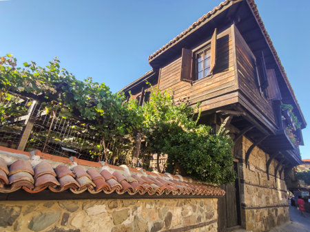 SOZOPOL, BULGARIA - SEPTEMBER 1, 2020: Typical street and houses at old town of Sozopol, Burgas Region, Bulgariaのeditorial素材