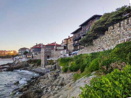 SOZOPOL, BULGARIA - SEPTEMBER 1, 2020: Typical street and houses at old town of Sozopol, Burgas Region, Bulgariaのeditorial素材