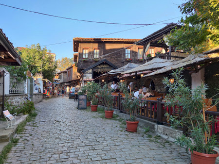 SOZOPOL, BULGARIA - SEPTEMBER 1, 2020: Typical street and houses at old town of Sozopol, Burgas Region, Bulgariaのeditorial素材