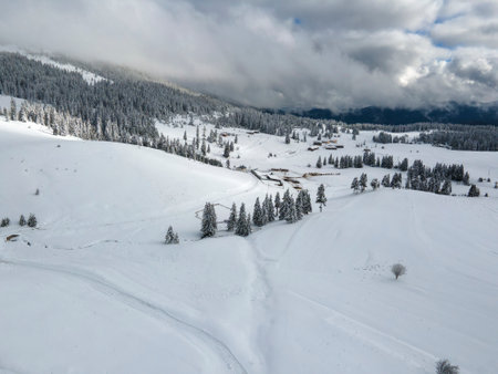 Amazing Aerial winter view of Rila mountain near Belmeken Dam, Bulgariaの写真素材