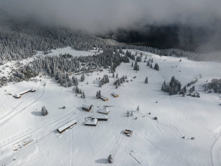 Amazing Aerial winter view of Rila mountain near Belmeken Dam, Bulgariaの写真素材