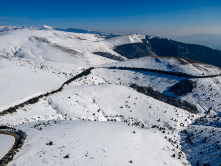 Amazing Aerial winter view of Balkan Mountains around Beklemeto pass, Bulgariaの写真素材