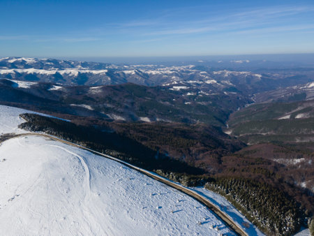 Amazing Aerial winter view of Balkan Mountains around Beklemeto pass, Bulgariaの写真素材