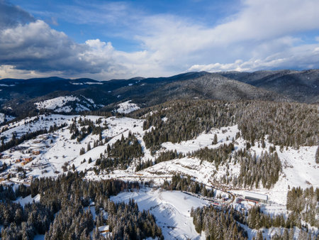 Aerial winter view of Rhodope Mountains around village of Stoykite and Pamporovo, Smolyan Region, Bulgariaの写真素材