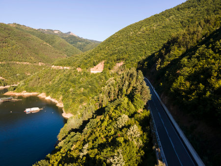 Aerial summer view of Vacha (Antonivanovtsi) Reservoir, Rhodope Mountains, Plovdiv Region, Bulgariaの写真素材