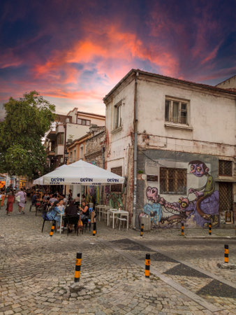 PLOVDIV, BULGARIA - SEPTEMBER 4, 2020: Typical Street and houses at the center of city of Plovdiv, Bulgariaのeditorial素材
