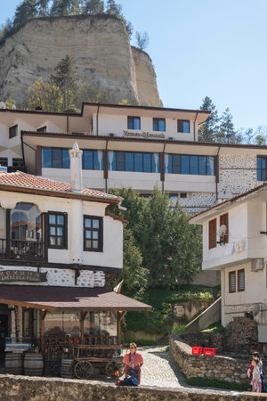 MELNIK, BULGARIA - APRIL 13, 2023: Typical street and old houses at town of Melnik, Blagoevgrad region, Bulgariaのeditorial素材