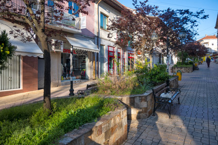 PETRICH, BULGARIA -APRIL 13, 2023: Typical Building and street at the center of town of Petrich, Blagoevgrad region, Bulgariaのeditorial素材