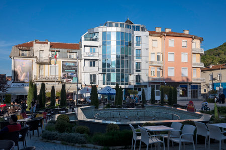 PETRICH, BULGARIA -APRIL 13, 2023: Typical Building and street at the center of town of Petrich, Blagoevgrad region, Bulgariaのeditorial素材
