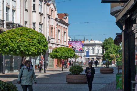 PLOVDIV, BULGARIA - APRIL 28, 2023: Panorama of central pedestrian streets of city of Plovdiv,...