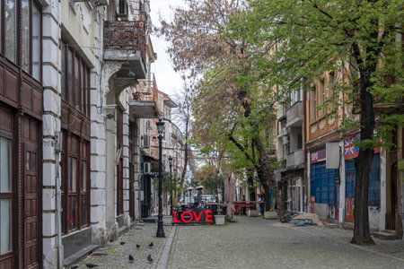 PLOVDIV, BULGARIA - APRIL 11, 2023: Sunset view of Kapana district at the center of city of Plovdiv, Bulgariaのeditorial素材