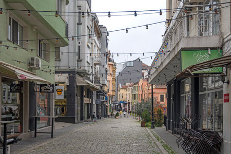 PLOVDIV, BULGARIA - APRIL 11, 2023: Sunset view of Kapana district at the center of city of Plovdiv, Bulgariaのeditorial素材