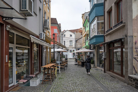 PLOVDIV, BULGARIA - APRIL 11, 2023: Sunset view of Kapana district at the center of city of Plovdiv, Bulgariaのeditorial素材