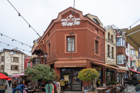 PLOVDIV, BULGARIA - APRIL 11, 2023: Sunset view of Kapana district at the center of city of Plovdiv, Bulgariaのeditorial素材