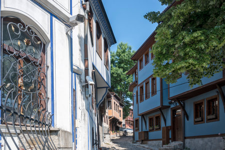 Typical street and houses at The old town of city of Plovdiv, Bulgariaの写真素材
