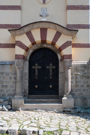 Typical street and houses at The old town of city of Plovdiv, Bulgariaの写真素材