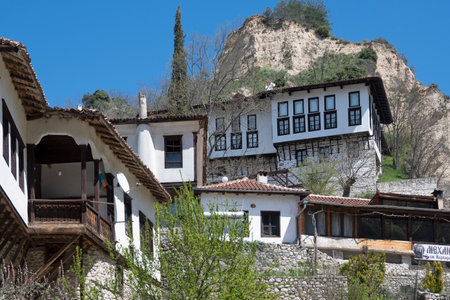 MELNIK, BULGARIA - APRIL 13, 2023: Typical street and old houses at town of Melnik, Blagoevgrad region, Bulgariaのeditorial素材