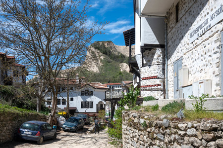 MELNIK, BULGARIA - APRIL 13, 2023: Typical street and old houses at town of Melnik, Blagoevgrad region, Bulgariaのeditorial素材