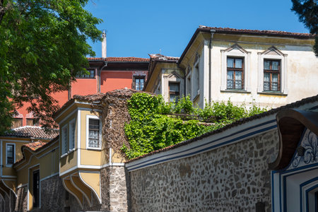 Typical street and houses at The old town of city of Plovdiv, Bulgariaの写真素材