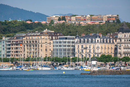 GENEVA, SWITZERLAND - JUNE 17, 2023: Amazing Panoramic view of Embankment of city of Geneva, Switzerlandのeditorial素材