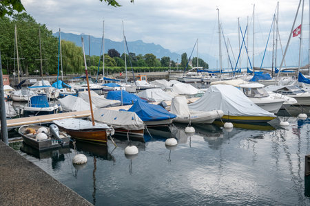 VEVEY, SWITZERLAND - JUNE 19, 2023: Summer Panorama of Embankment of town of Vevey, Canton of Vaud, Switzerlandのeditorial素材