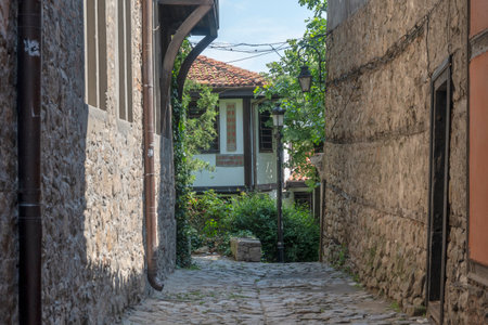 PLOVDIV, BULGARIA - MAY 23, 2023: Typical street and houses at The old town of city of Plovdiv, Bulgariaのeditorial素材