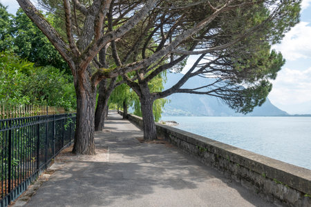 Panorama of Embankment of town of Montreux, Canton of Vaud, Switzerlandの写真素材