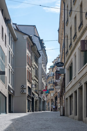 LAUSANNE, SWITZERLAND - JUNE 18, 2023: Typical Building and street at city of Lausanne, Canton of Vaud, Switzerlandのeditorial素材