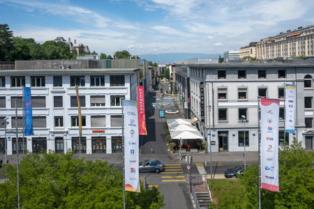 LAUSANNE, SWITZERLAND - JUNE 18, 2023: Typical Building and street at city of Lausanne, Canton of Vaud, Switzerlandのeditorial素材