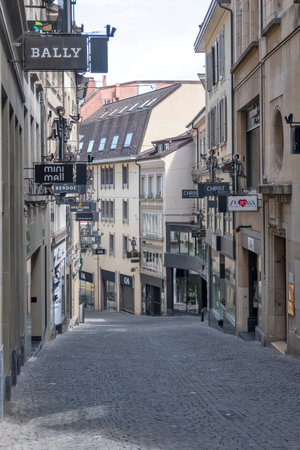 LAUSANNE, SWITZERLAND - JUNE 18, 2023: Typical Building and street at city of Lausanne, Canton of Vaud, Switzerlandのeditorial素材