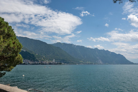 Panorama of Embankment of town of Montreux, Canton of Vaud, Switzerlandの写真素材