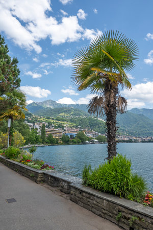 Panorama of Embankment of town of Montreux, Canton of Vaud, Switzerlandの写真素材