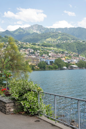 Panorama of Embankment of town of Montreux, Canton of Vaud, Switzerlandの写真素材