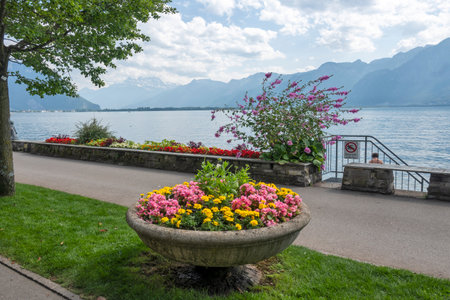 Panorama of Embankment of town of Montreux, Canton of Vaud, Switzerlandの写真素材
