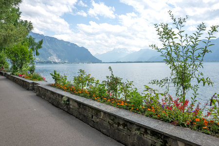 Panorama of Embankment of town of Montreux, Canton of Vaud, Switzerlandの写真素材