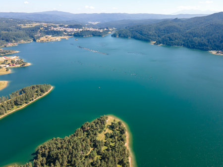 Aerial Summer view of Dospat Reservoir, Smolyan Region, Bulgariaの写真素材