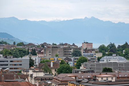 LAUSANNE, SWITZERLAND - JUNE 18, 2023: Typical Building and street at city of Lausanne, Canton of Vaud, Switzerlandのeditorial素材