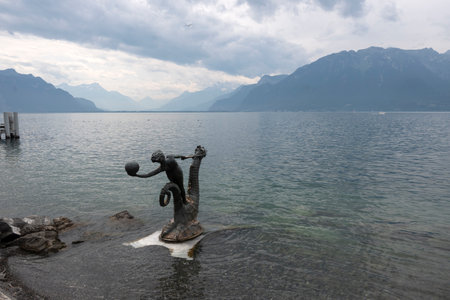 Summer Panorama from town of Vevey to Lake Geneva, Canton of Vaud, Switzerlandの写真素材