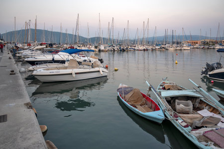 LEFKADA TOWN, GREECE - AUGUST 21, 2023: Amazing Sunset view of costal street of town of Lefkada,...