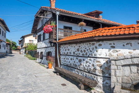 Typical street and buildings at old town of Bansko, Blagoevgrad Region, Bulgariaの写真素材