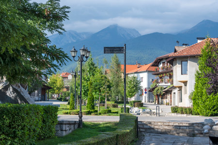 Typical street and buildings at old town of Bansko, Blagoevgrad Region, Bulgariaの写真素材